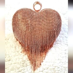 Heart Shape Austrian Crystal Tasseled Clutch/Top Handled Bag with Shoulder Chain